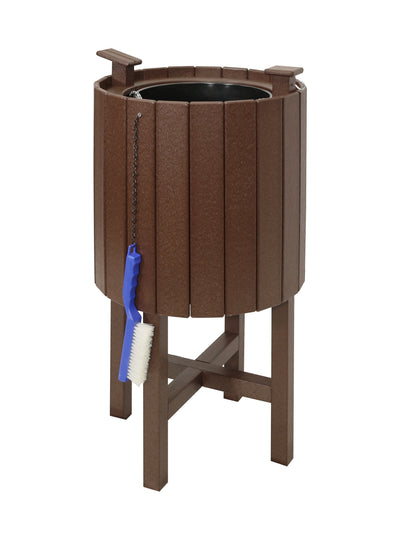 Raised slatted round golf club washer station in brown with attached scrub brush and towel hook.