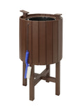 Raised slatted round golf club washer station in brown with attached scrub brush and towel hook.