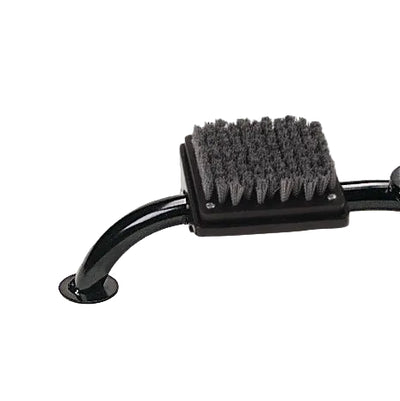 A black metal T-bar floor stand with two brush beds and gray bristles, photographed on a plain white background.