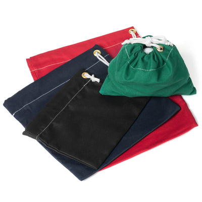 Four drawstring bags in red and green on a white background