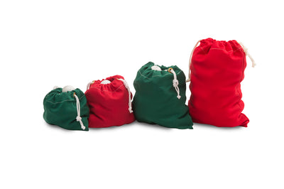 Four drawstring bags in red and green on a white background
