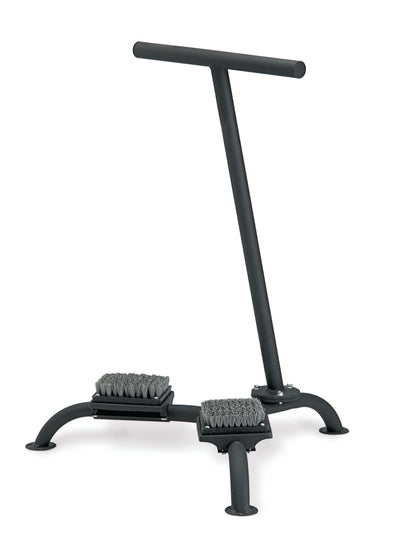 A black metal T-bar floor stand with two brush beds and gray bristles, photographed on a plain white background.