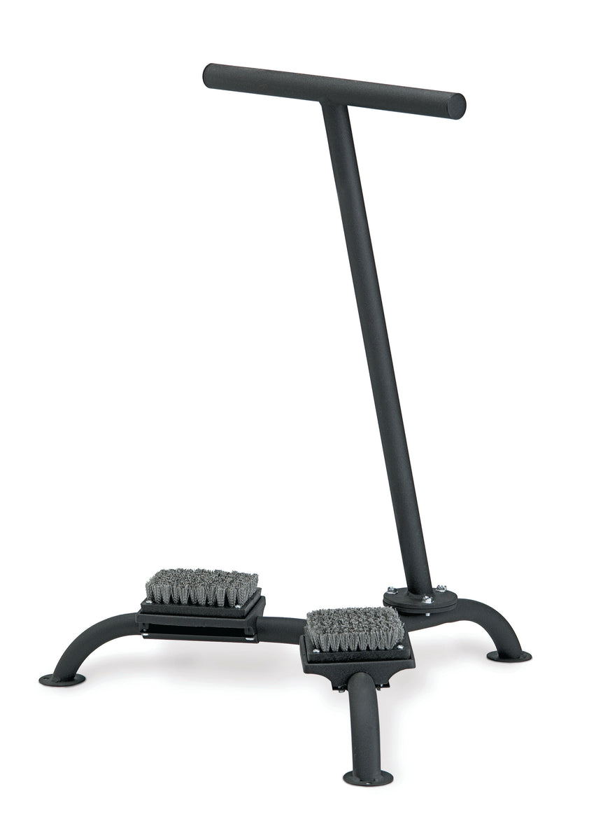 A black metal T-bar floor stand with two brush beds and gray bristles, photographed on a plain white background.
