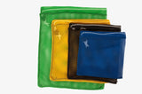 Four mesh bags in green, yellow, black, and blue on a white background