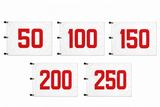 Five white rectangular flags with large red numbers 50, 100, 150, 200, and 250, arranged on a plain white background.