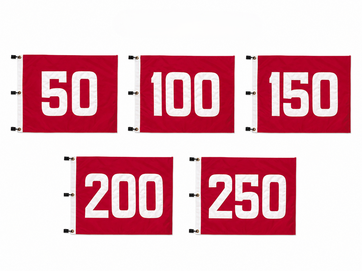 Five red rectangular numbered flags on a white background, showing the numbers 50, 100, 150, 200, and 250 in large white font. Each flag has a white header strip with metal grommets on the left side.