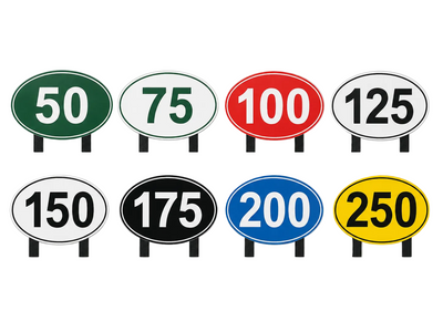 Eight oval highway speed limit sign graphics arranged in two rows on a light gray background. The signs come in green, white, red, black, blue, and yellow, with white lettering and black numbers.