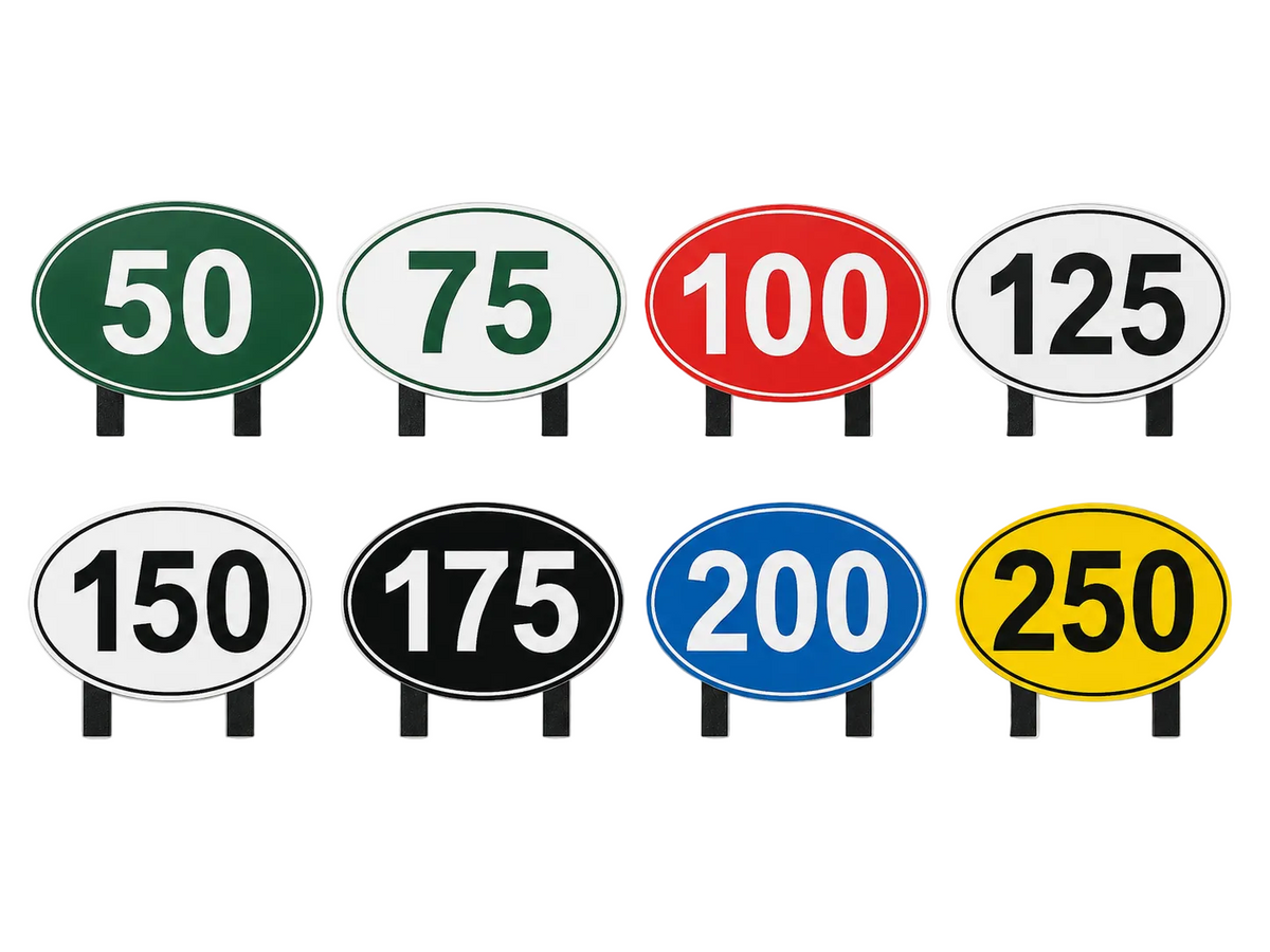 Eight oval highway speed limit sign graphics arranged in two rows on a light gray background. The signs come in green, white, red, black, blue, and yellow, with white lettering and black numbers.