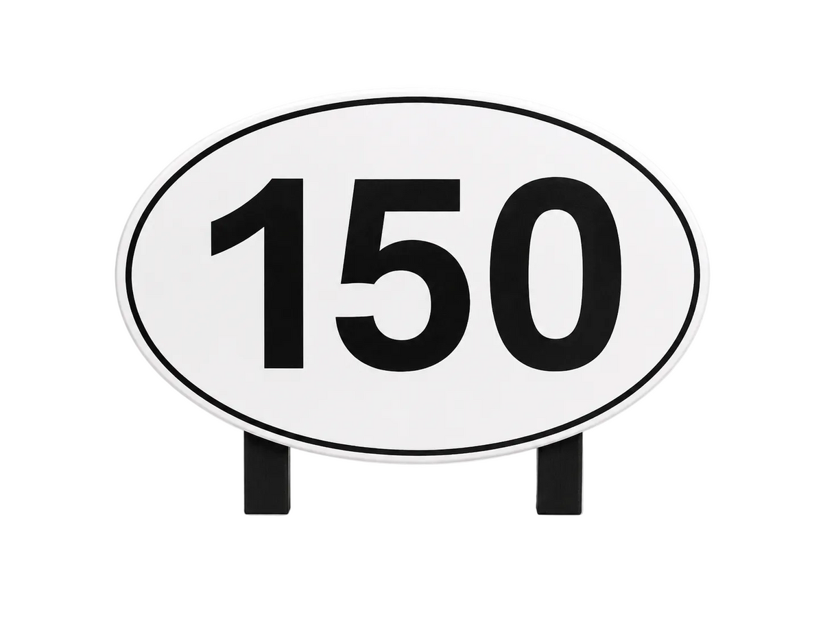 An oval white sign with a black border and the number 150 in bold black font, mounted on two short black stands against a light gray background.