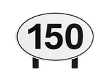 An oval white sign with a black border and the number 150 in bold black font, mounted on two short black stands against a light gray background.
