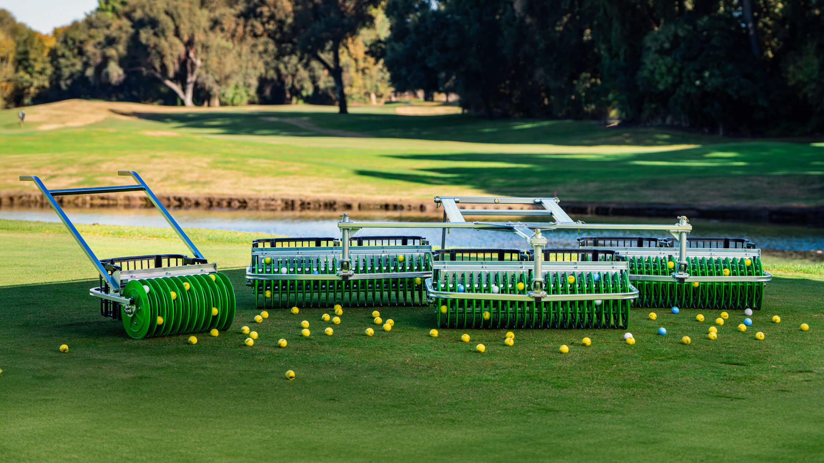 P2 Golf products practice range equipment combo on a grassy golf green with a water hazard in the background 