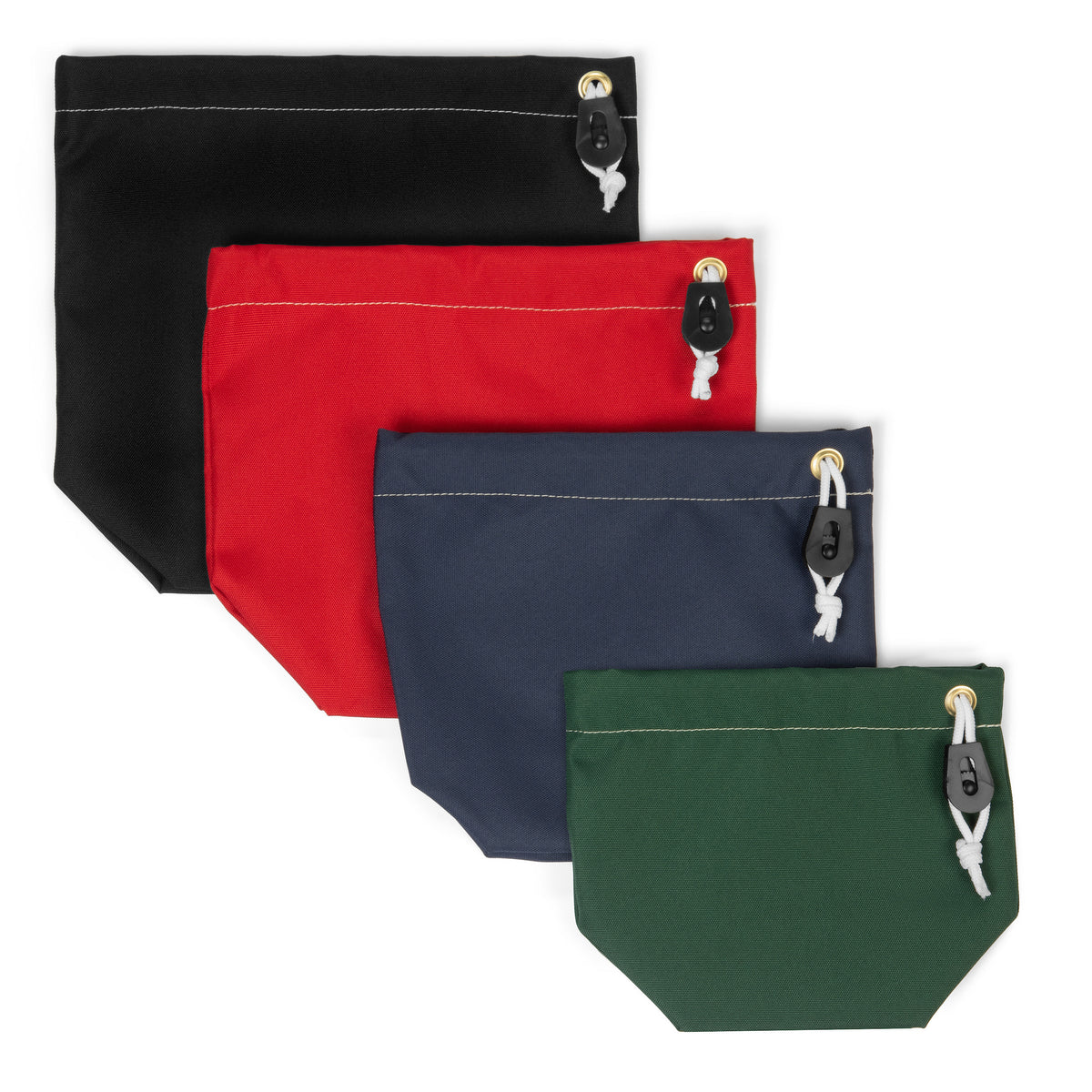Four pouches in black, red, navy, and green with zipper pulls on a white background