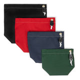 Four pouches in black, red, navy, and green with zipper pulls on a white background