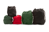 Five drawstring bags in black, green, and red on a white background
