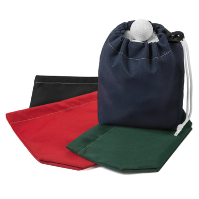 Five drawstring bags in black, green, and red on a white background